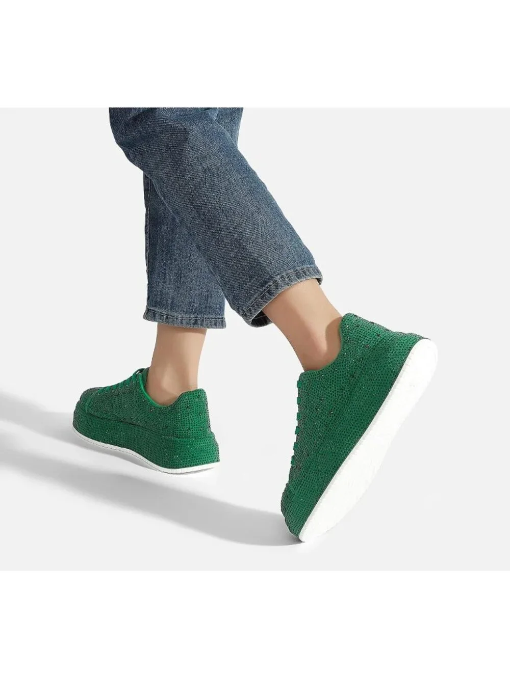 🆕Women's Green Sparkly Glitter Bling Tennis Rhinestone Platform Sneakers